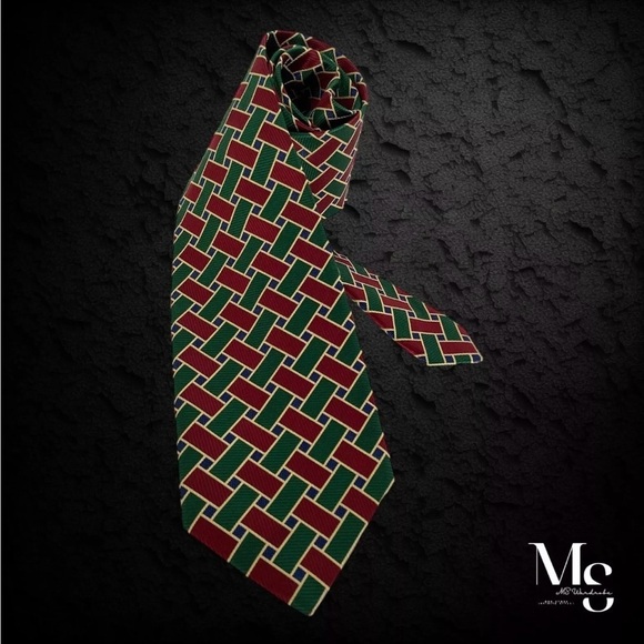 SEIGO NEW YORK Green Red Geometric Silk Tie Hand Made In Japan